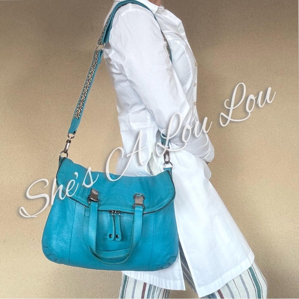 Charles Jourdan Leather Convertible Bag w/trendy guitar style strap in Aqua Blue